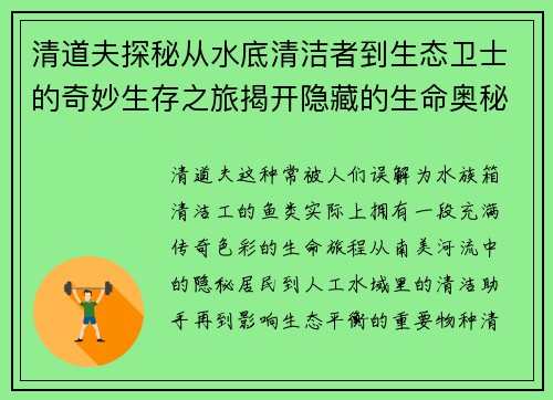 清道夫探秘从水底清洁者到生态卫士的奇妙生存之旅揭开隐藏的生命奥秘 清道夫探秘从水底清洁者到生态卫士的奇妙生存之旅揭开隐藏的生命奥秘
